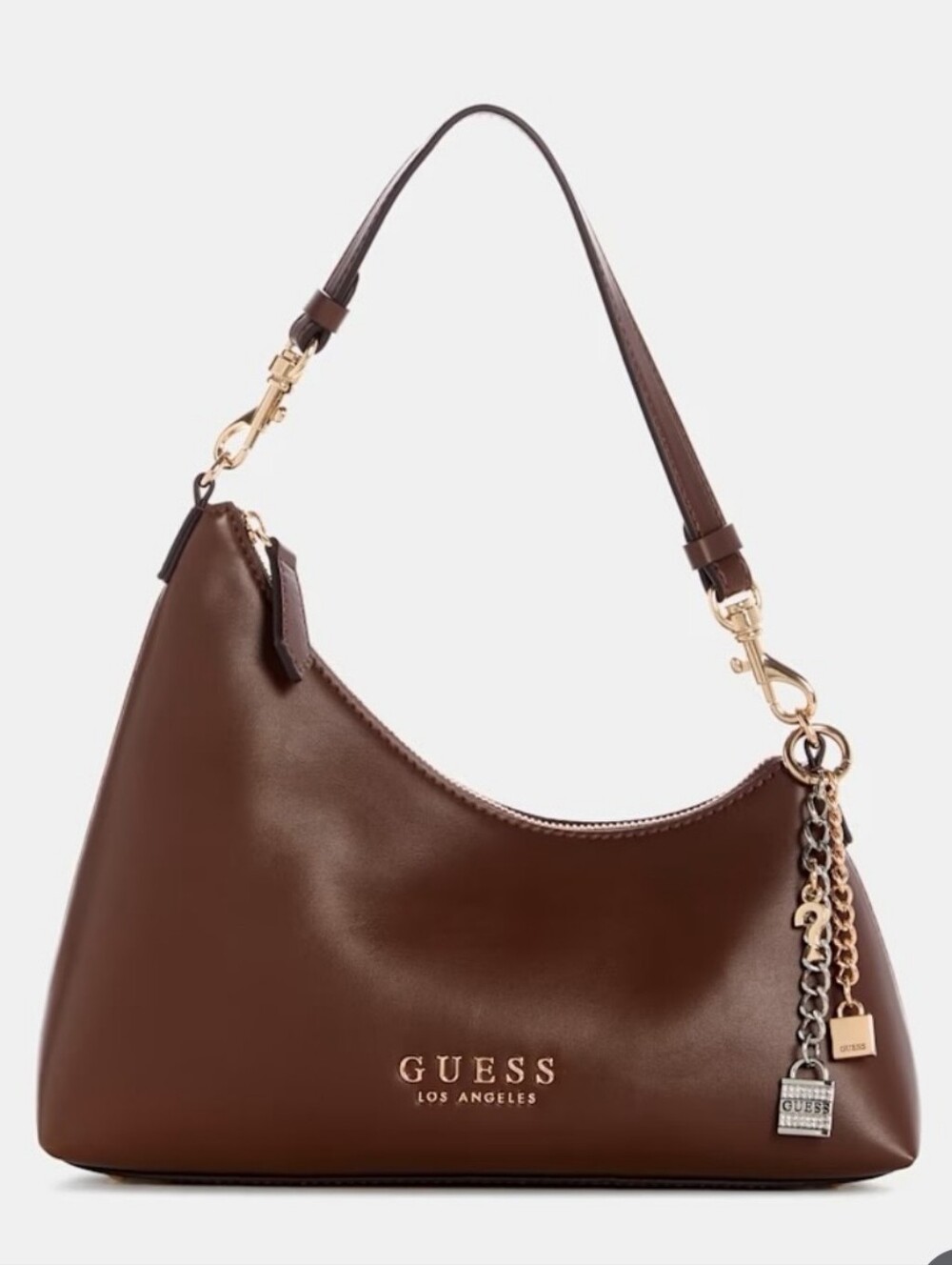 GUESS Brown Leather Shoulder Bag with Charm Accents